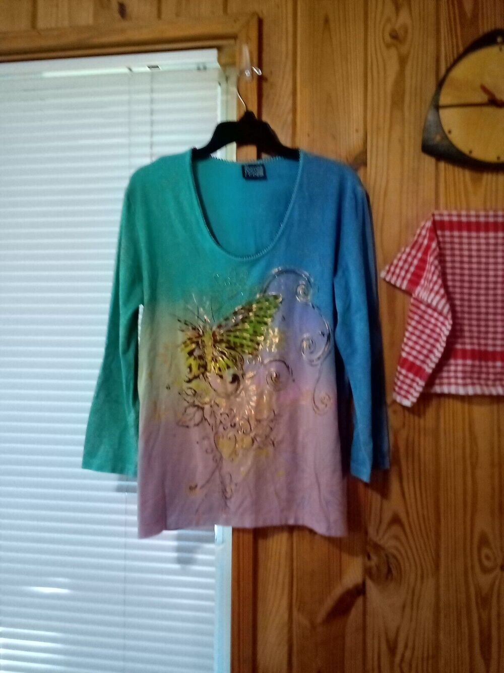 Bamboo Co Women's 3/4 Butterfly Sleeve XL Multi Color Butterfly Beaded Top